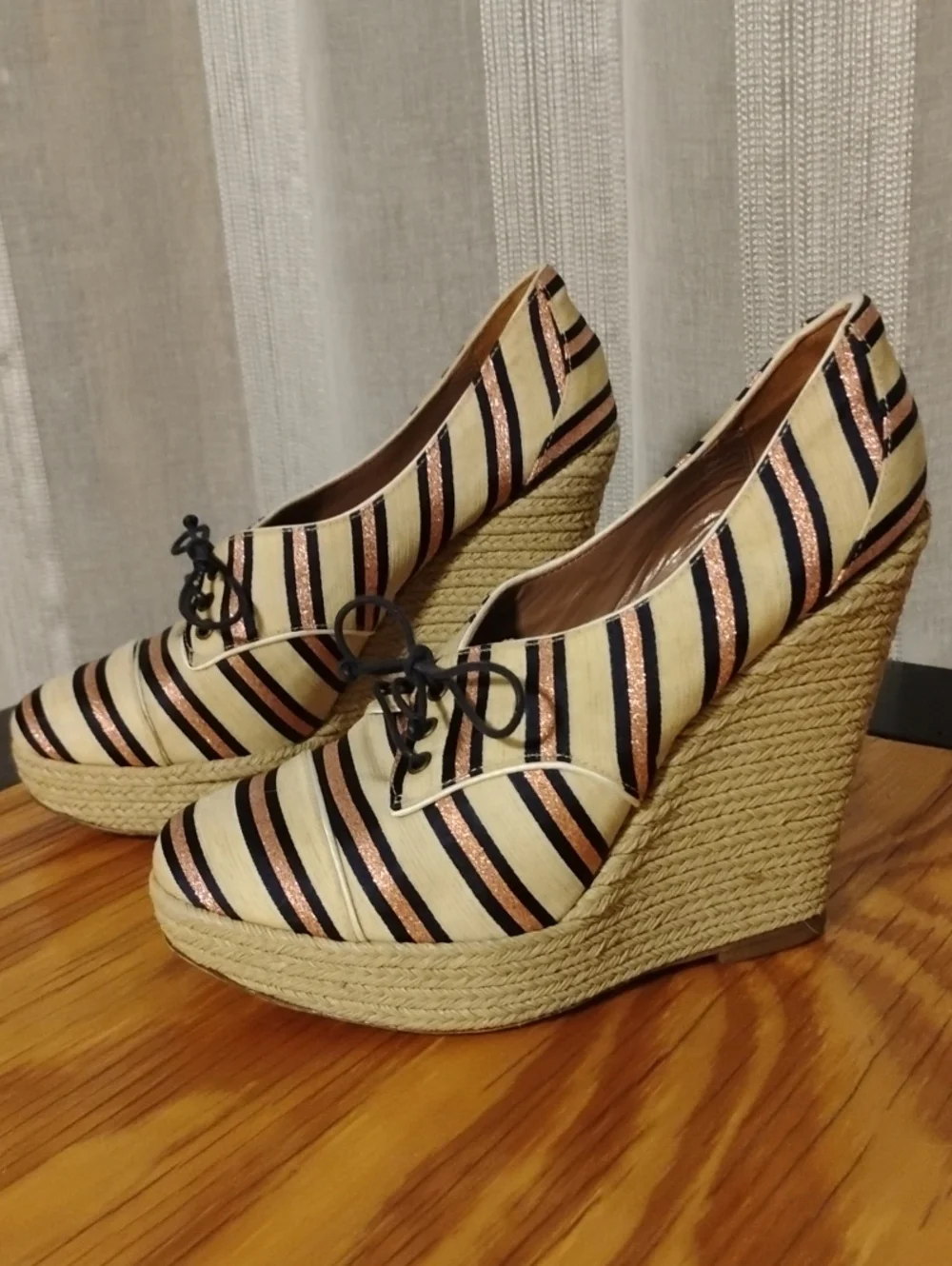 Tabitha Simmons Espadrille Wedge Oxfords - Black, Cream & Rose Gold Stripe